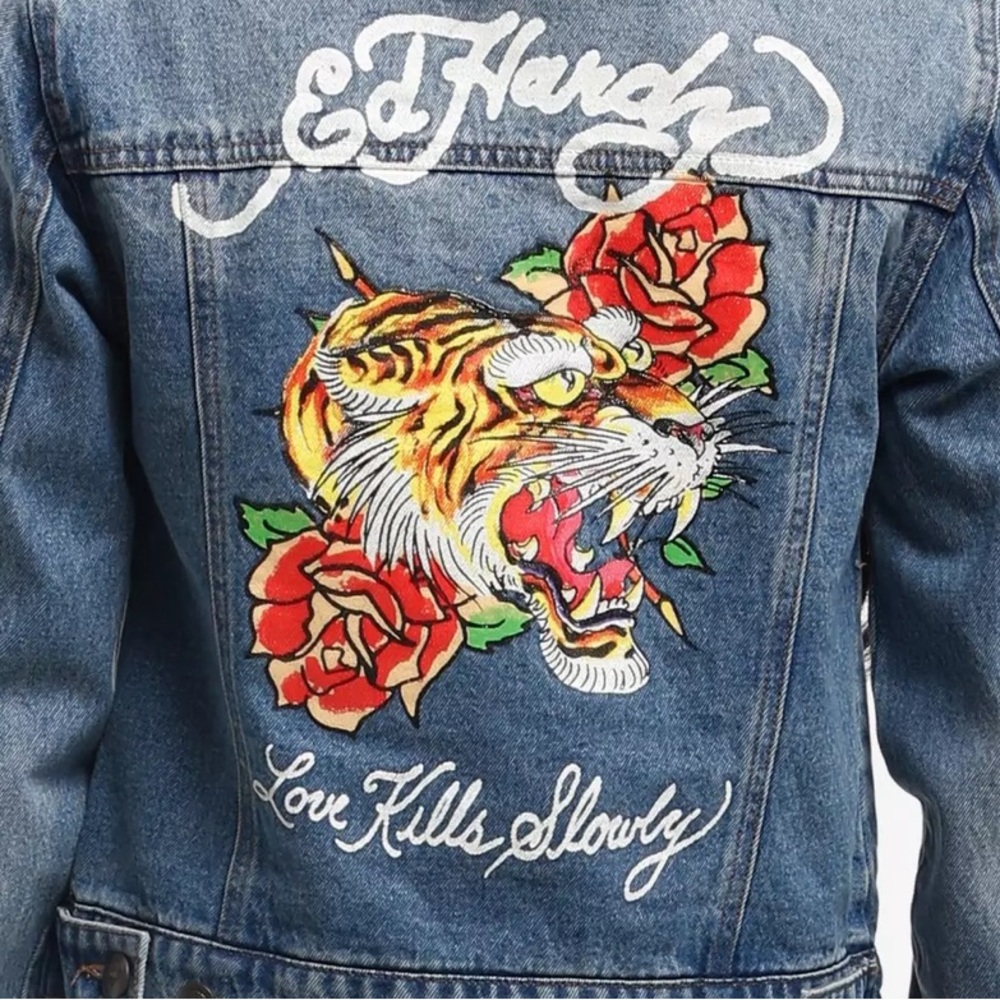 Ed Hardy Y2K Screaming Tiger Denim Jacket – Embroidered “Love Kills Slowly” L - Picture 1 of 12